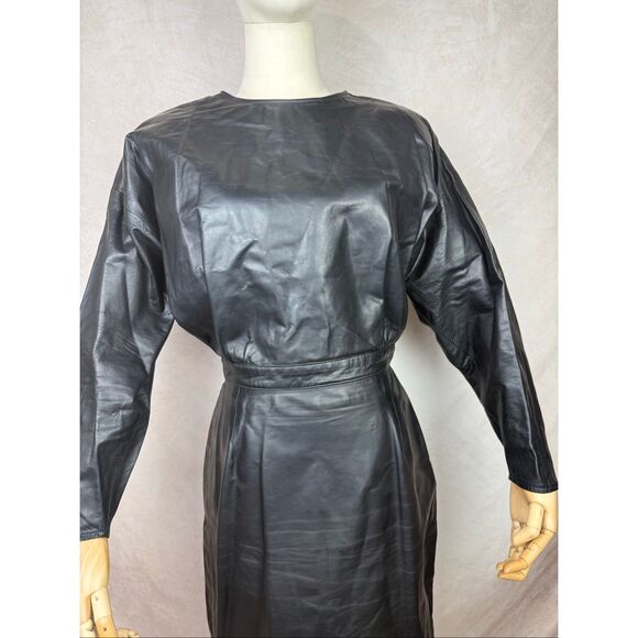 Vintage Designer Leather Dress 1980s Vakko New York Alt Goth Grunge 90s - Picture 3 of 11